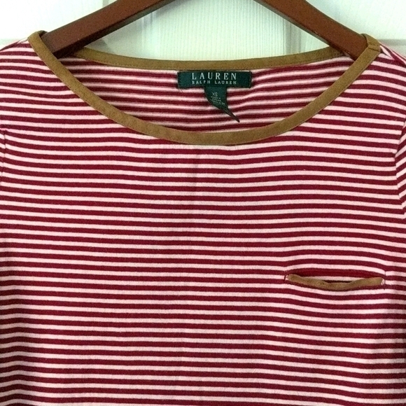 Lauren Ralph Lauren Striped Round Neck Long Roll Tab Sleeve Top Red White XS - Picture 3 of 14